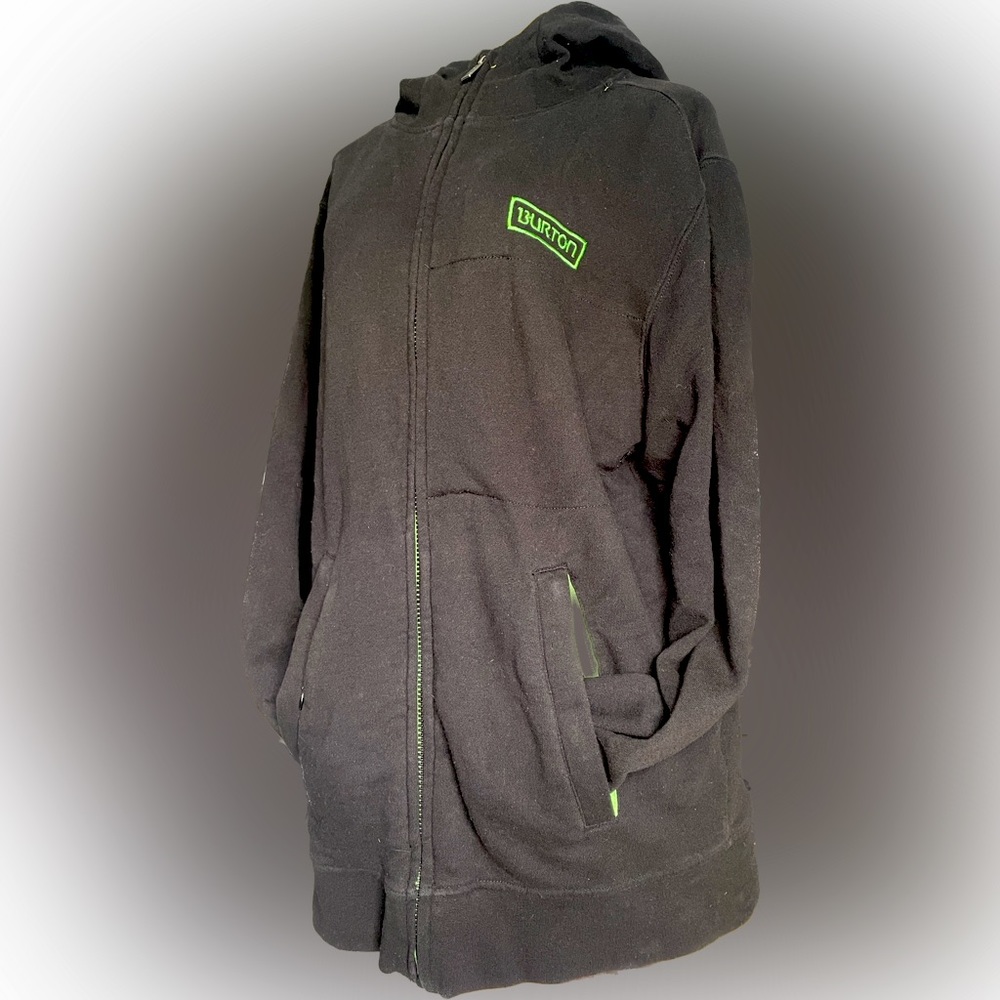 Burton super soft zip hoodie w/bright green detail, stash zip pocket, thumbholes
